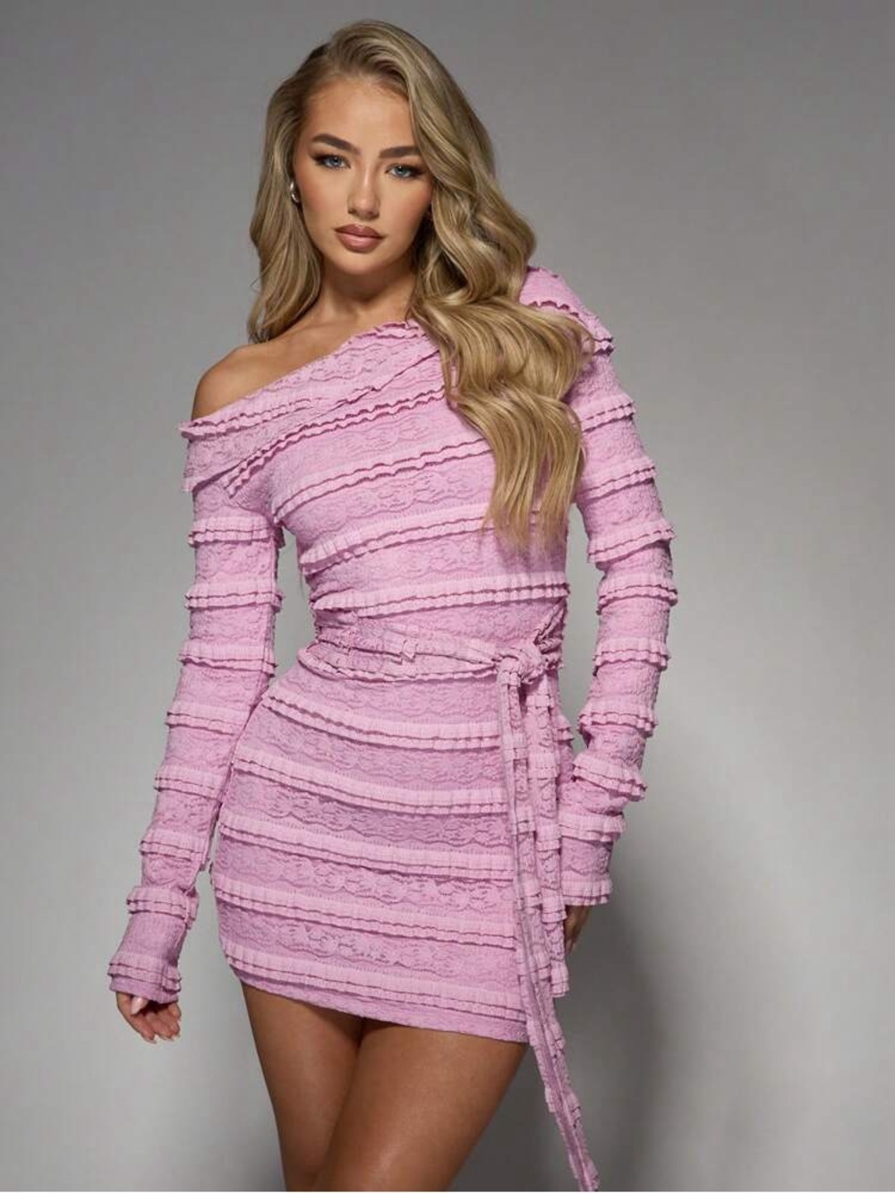 MISSGUIDED Asymmetric Lace Off The Shoulder Mini Dress In Pink